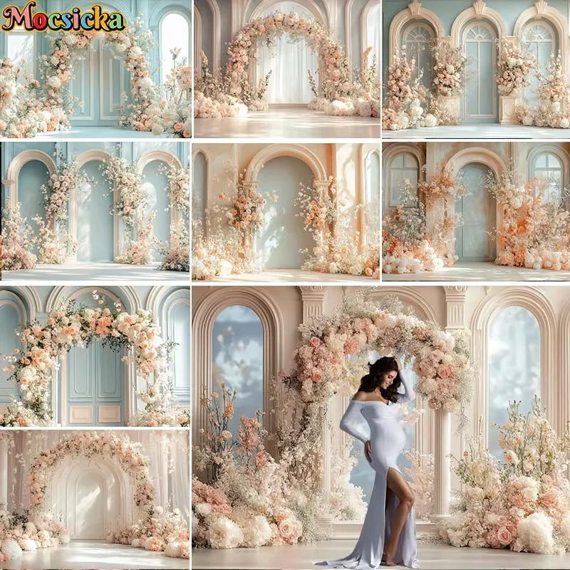 

Mocsicka Wedding Photography Background Spring Pink Floral White Arched Door Backdrop Birthday Maternity Portrait Photo Studio