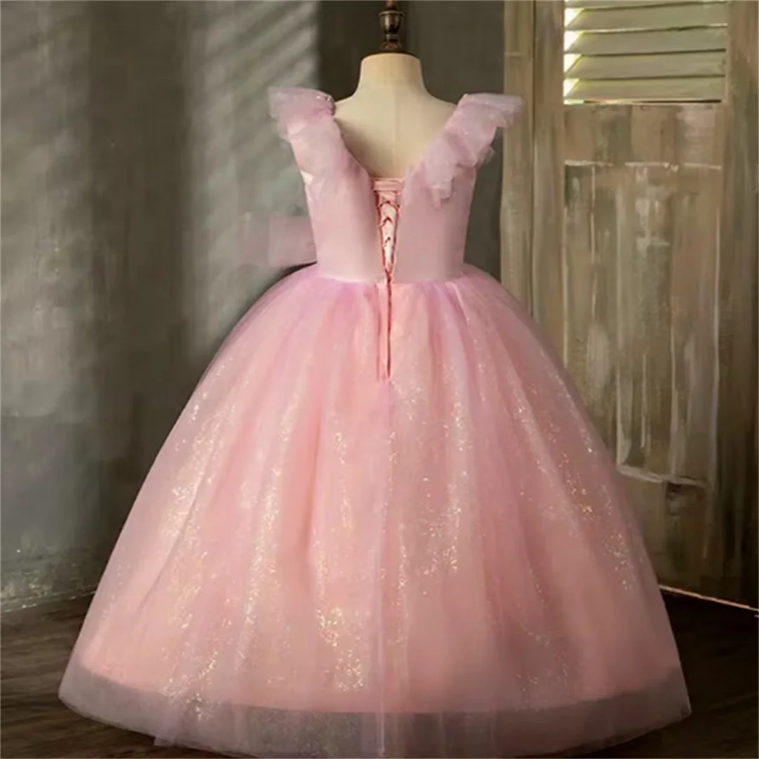 Customised Pink Sleeveless Tulle Lace Printing Flower Girl Dress Princess Ball First Communion Dresses Kids Birthday Present