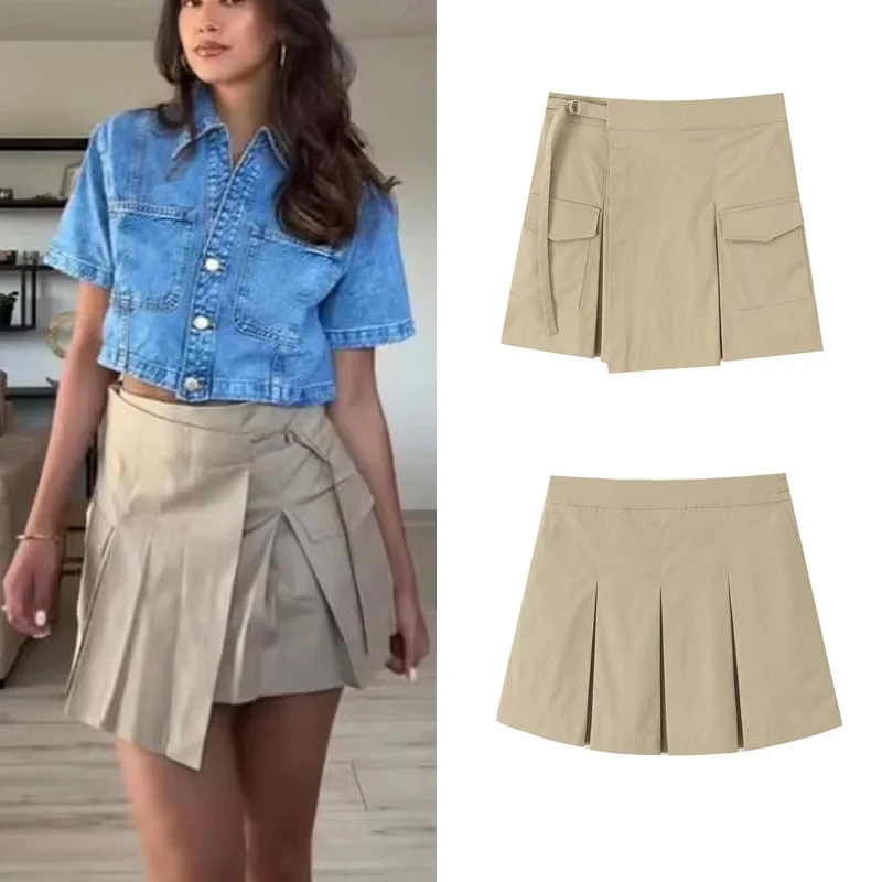 

PRINTKAOIR Women Summer Pleated High Waist Working Culottes Female Elegant Zipper Trip Strap With Metallic Buckle Casual Skirt