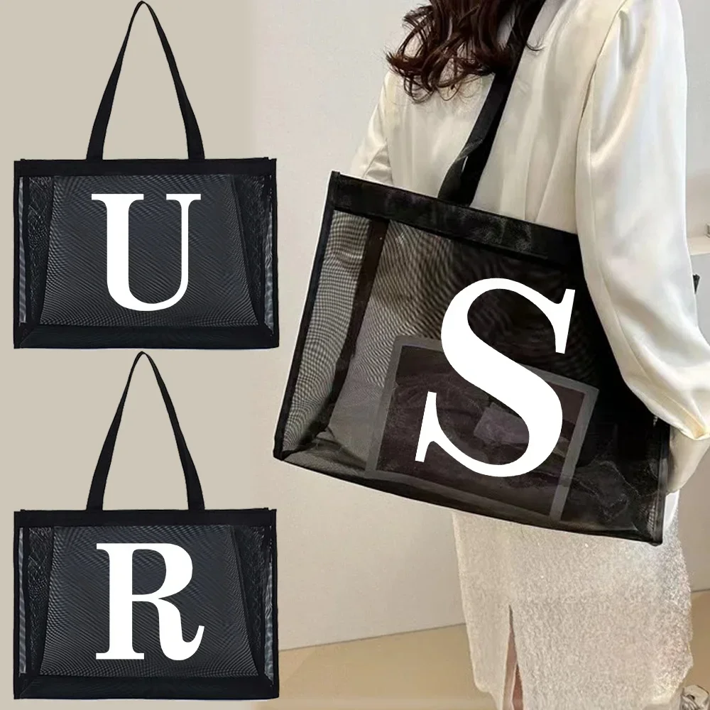 

Transparent Tote Bags Mesh Shopping Bag Travel Storage Handbag Women Wallets Organizer Grid Package White Letter Printing Series