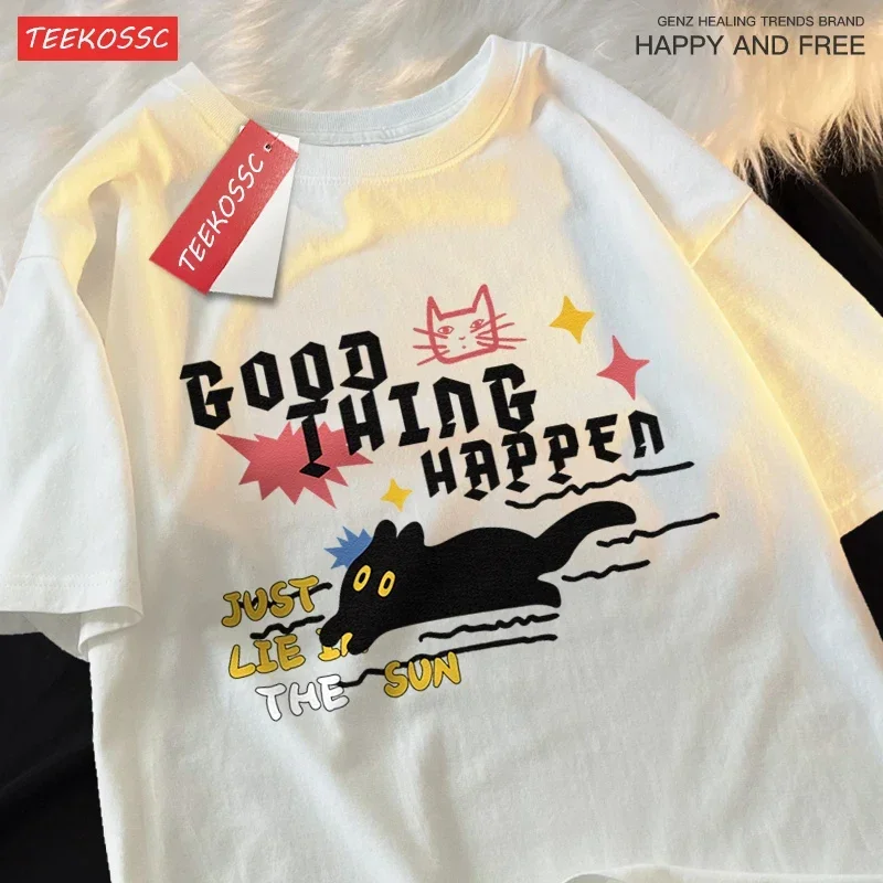 

Футболки Fun Black Cat Running Good Luck, летние повседневные футболки, женская одежда, футболки с графикой, женская футболка в стиле Харадзюку