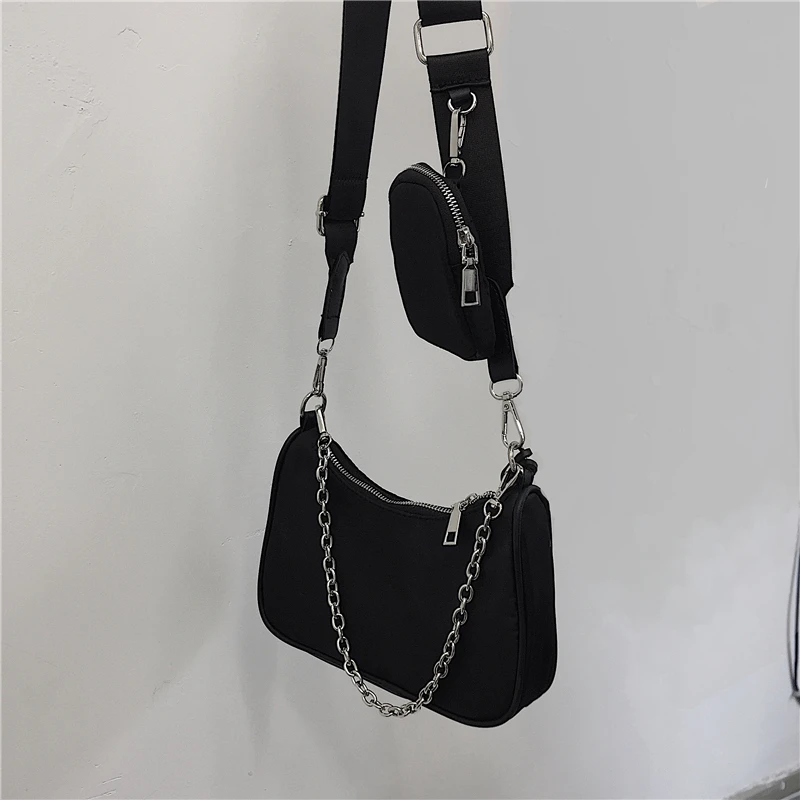 

Summer 2020 Women's Nylon Tee-in-One Crossbody Bag Vintage Hobo Chain Underarm Bag Casual Pure Color Soft Pillow ape