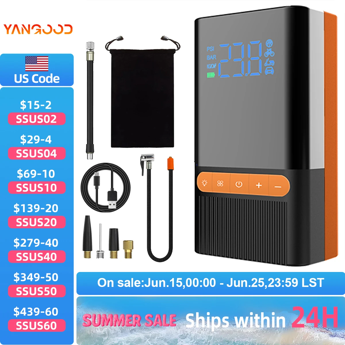 

Yangood 6000mAh Portable Tire Inflator Pump Fast Inflation for Car Bike Motorcycle Balloons Auto Shutoff Portable Air Compressor