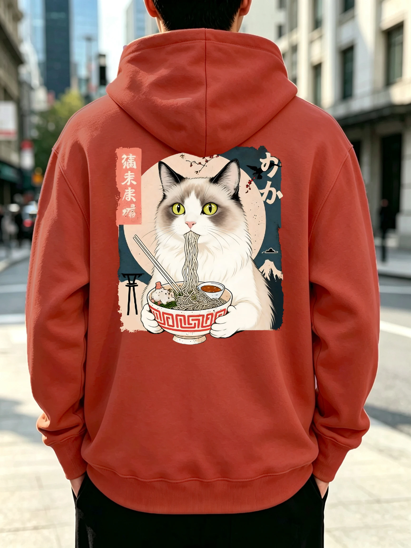 Puppet Cats Who Like To Eat Lamian Noodles Printed Men Street Hoody Autumn Pullover Casual Loose Tops Fleece Pocket Streetwear