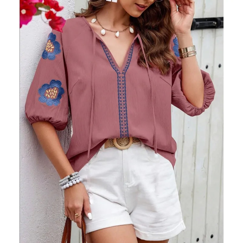

Spring/Summer New Long Sleeve Shirt Design Sense V-neck Strap Solid Color Loose Top Women's Hooded Five Quarter Sleeve Shirt