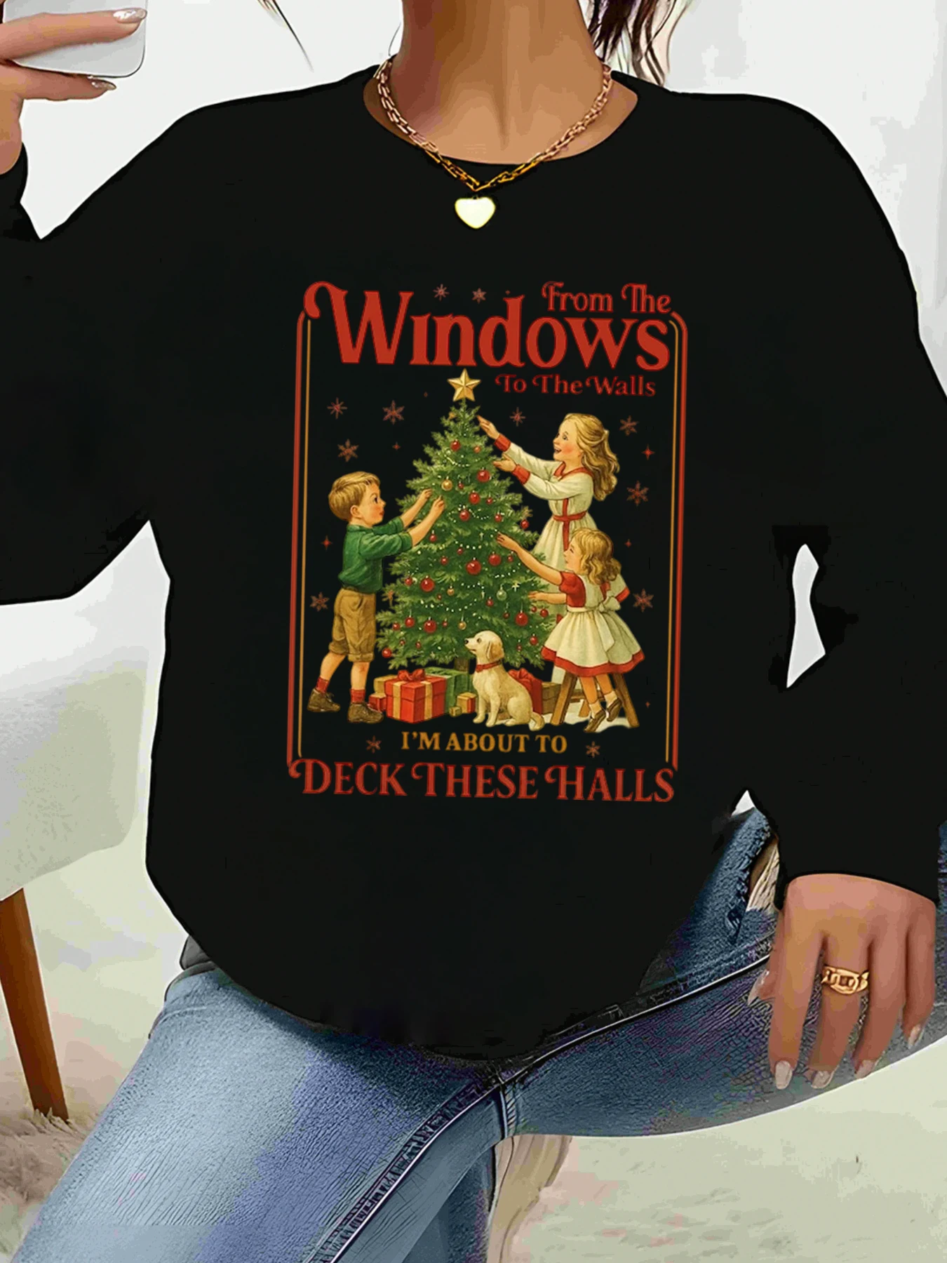 

Рождественская елка, семейная сцена, праздничный топ с длинными рукавами, женская повседневная одежда, зимний сезон