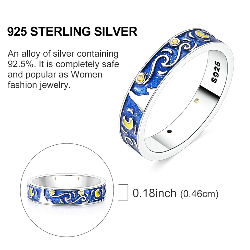Original 925 Sterling Silver Blue Starry Sky Painting Luminous Ring For Women Men Jewelry Gift