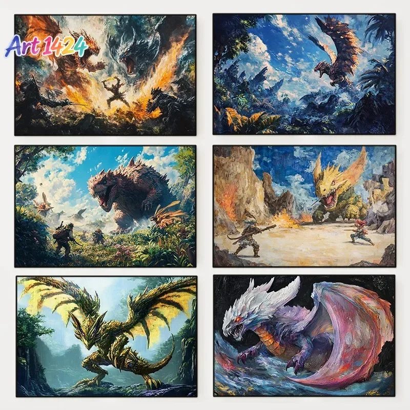 1pc frameless Monster Hunter Ai World Poster Vintage Fantasy Video Game Canvas Wall Art for Living Room Home Decor Gift for G