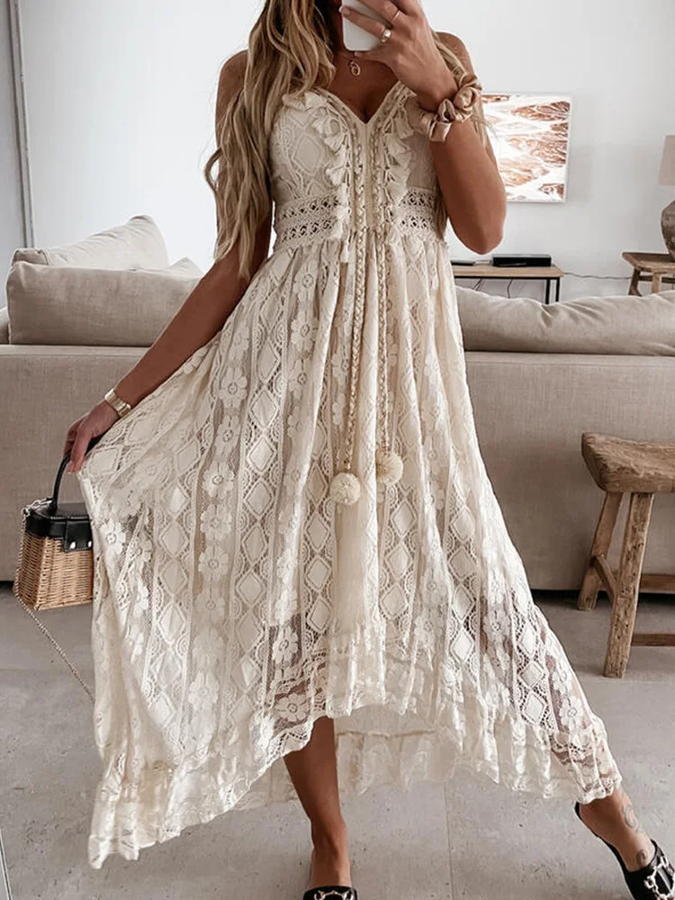 Letnie sukienki Boho długie damskie koronkowe dekolt Spaghetti sukienka z paskiem Lady Off ramię letnia sukienka plażowa biała sukienka Vestidos De Mujer