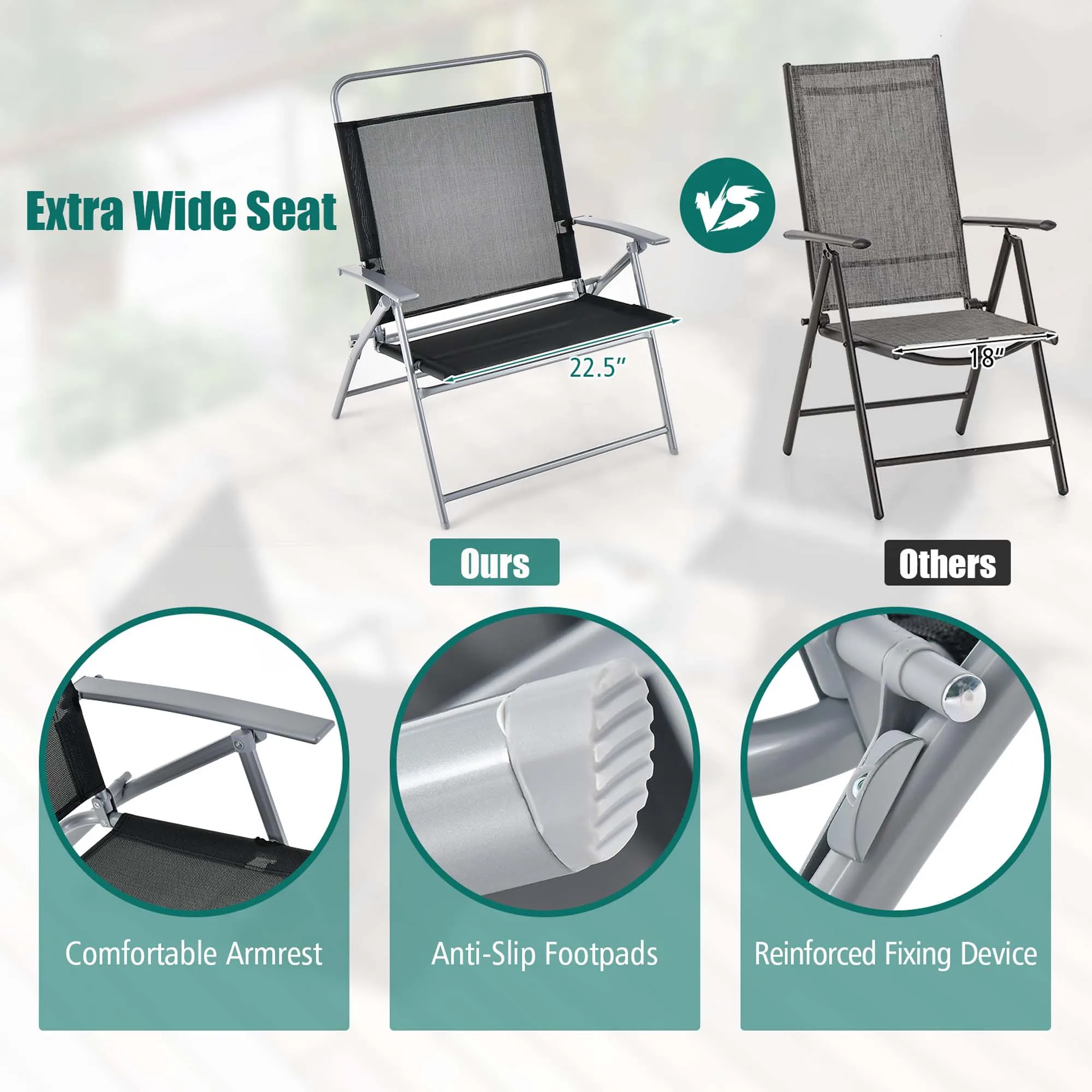 3pcs Patio Folding Table Chair Set Extra-Large Seat Metal Frame Portable Outdoor