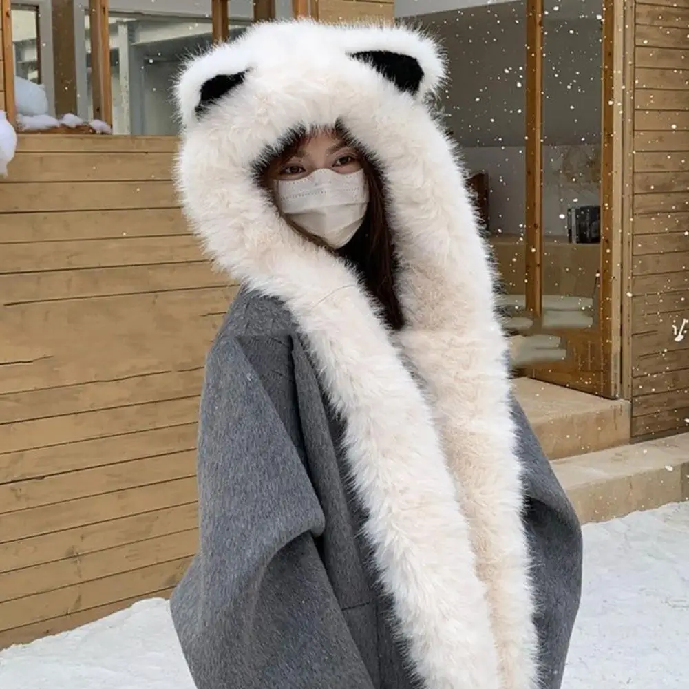 Women Hat Fox Ear Shape Winter Hat Thickened Plush Warm Winter Hat with Scarf Design Outdoor Activities Warm Headwear