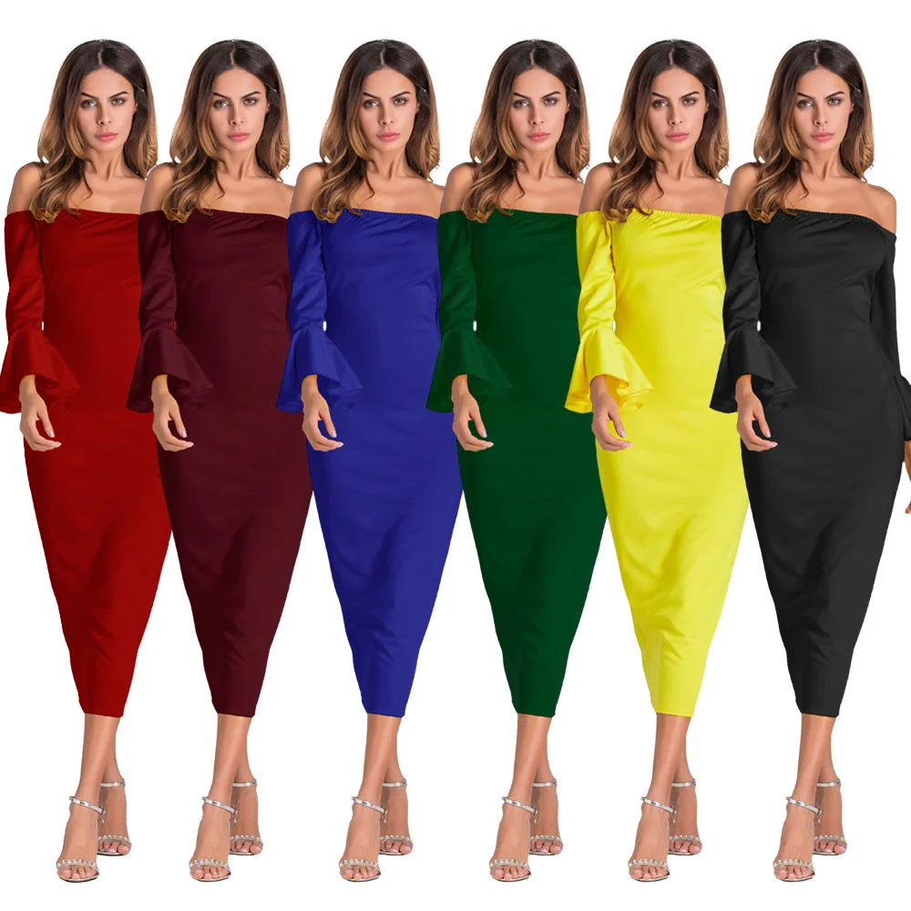 

Sexy Multi-color Hip Skirt, One-word Collar Horn Sleeves, Nightclub Women Dress