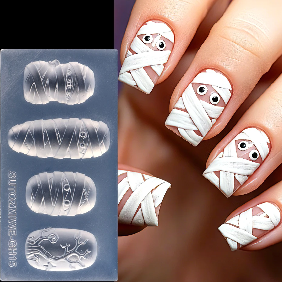 3D Mummy Nail Silicone Mold Halloween Gothic Mummy Nail Art Mould Carving Template Nail Charms Making Mold Nail Decorations
