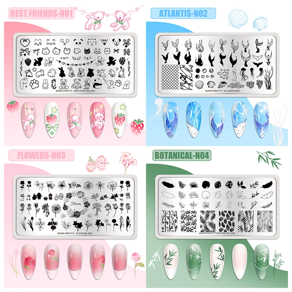 BORN PRETTY Klassische karierte französische Nagelstempelplatten, einfaches Design, Blumenblätter, Nageldruckschablone, Blumenlinien-Stempelschablone – Detail 2