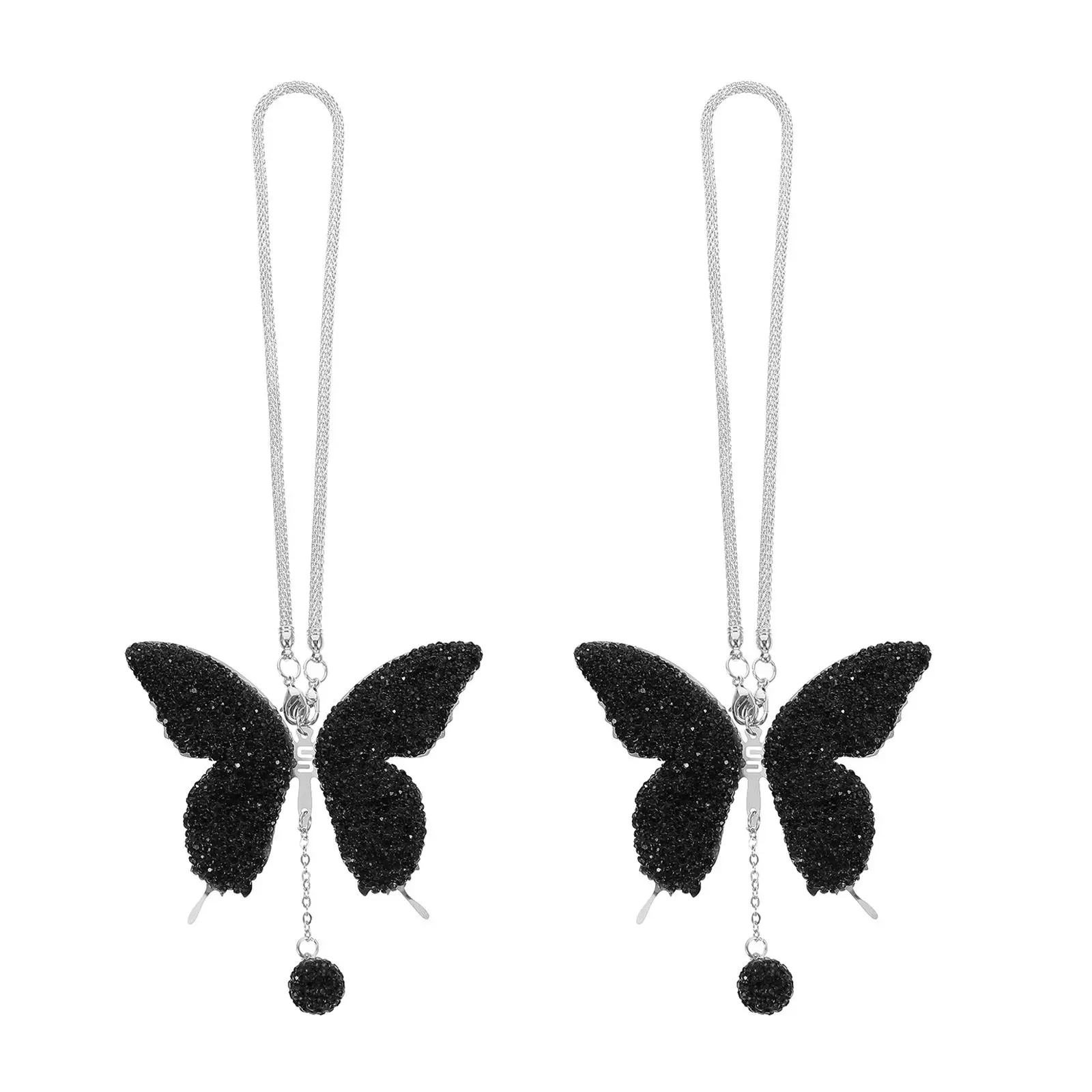 2Pcs Butterfly Mirror Pendant for Car - Crystal Rhinestone Rear View Mirror Decoration Accessory for Women Automotive Interior
