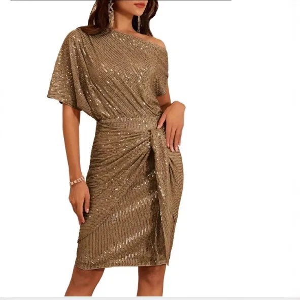 

2026 Summer New Women's Sequined Skirt Diagonal Neck Pleated Bow Dress