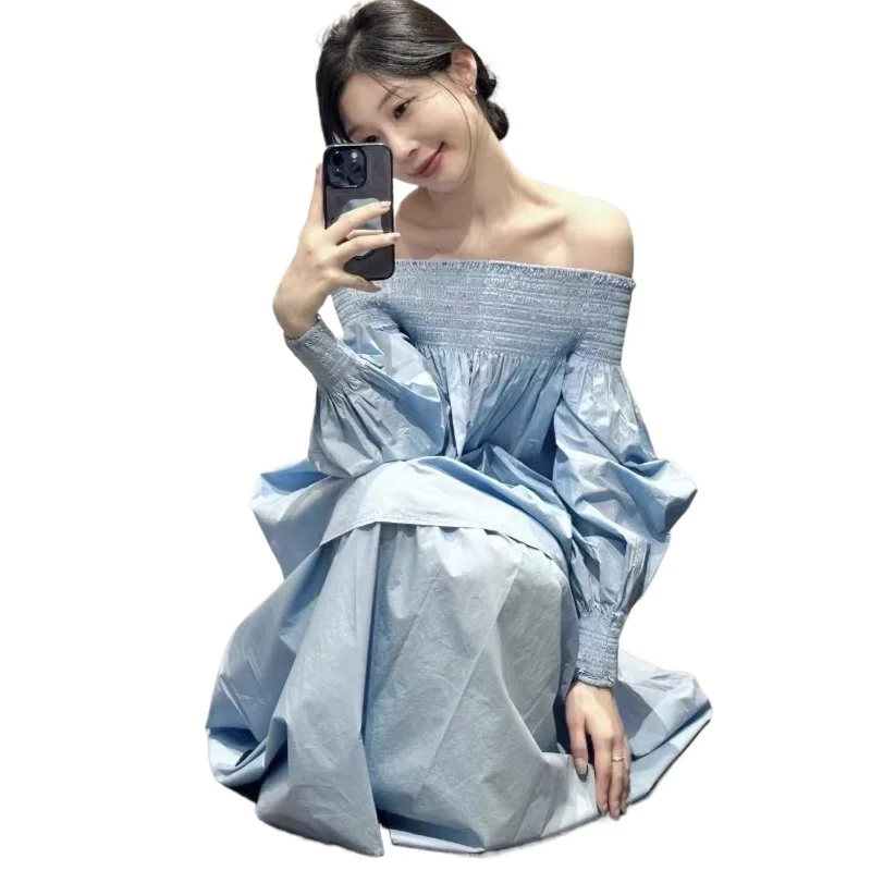 

Minimalist COS Style Casual Version Lazy One-word Shoulder Lantern Sleeve Blue Top 2026 Autumn New Commuter Blouse Temperament