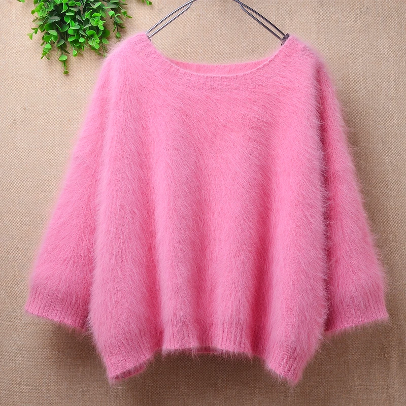 01 Female Women Fall Winter Clothing Hairy Mink Cashmere Knitted O-Neck Long Sleeves Slim Blouses Pullover Angora Fur Sweater