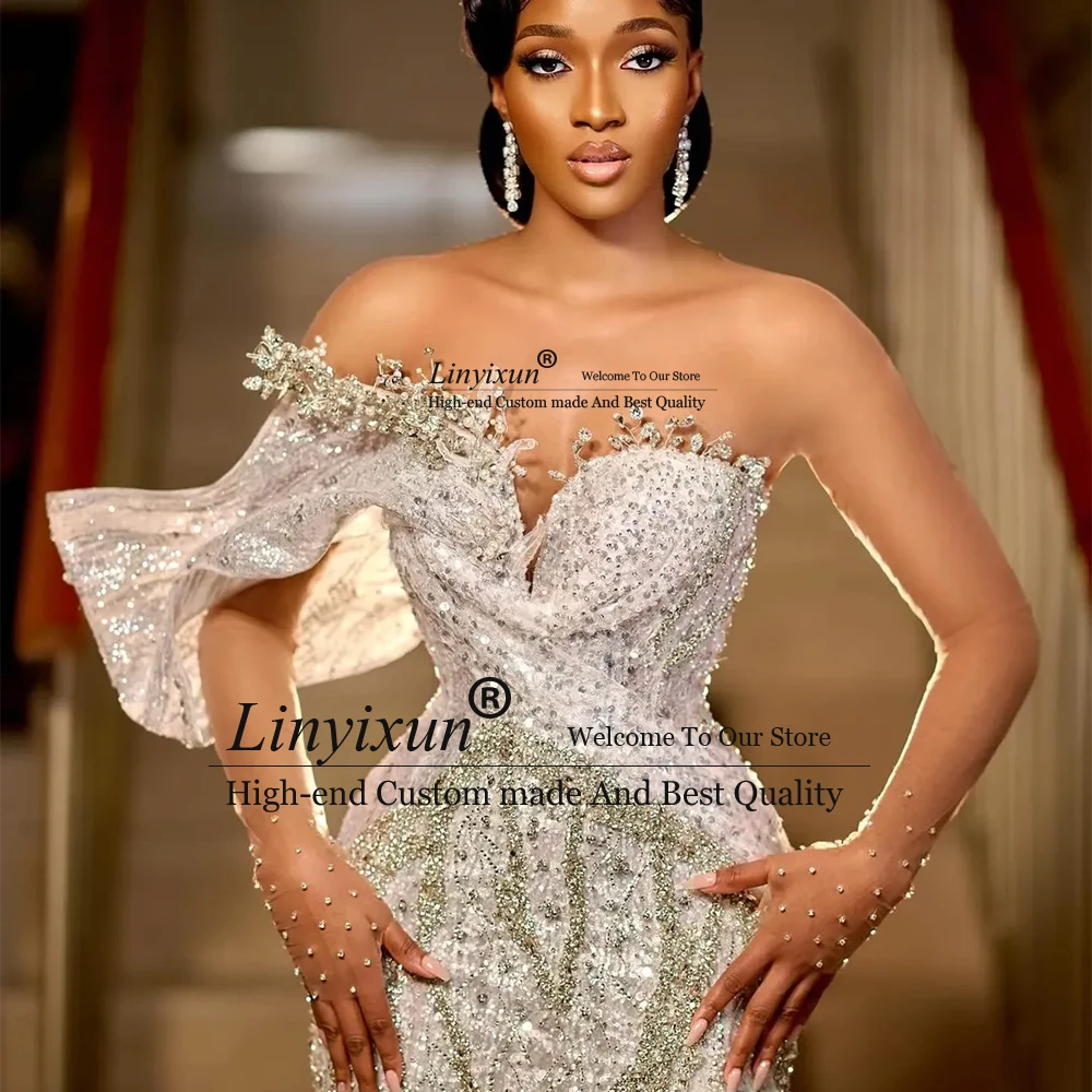 فاخر سباركلي كريستال فساتين لحضور الحفلات الموسيقية بريق حورية البحر رداء حفلات الزفاف مخصص كتف واحد الجانب الشق vestidos de cerimônia