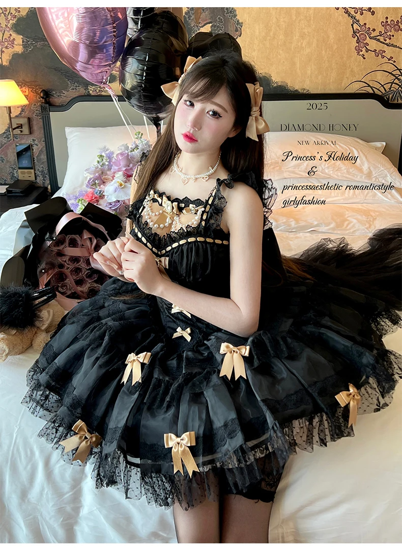 

Elegant Temperament Ballet Style Lolita Evening Dresses Sweet Pink Princess Bowknot Ruffled JSK Strap Heavy Industry Tutu Dress