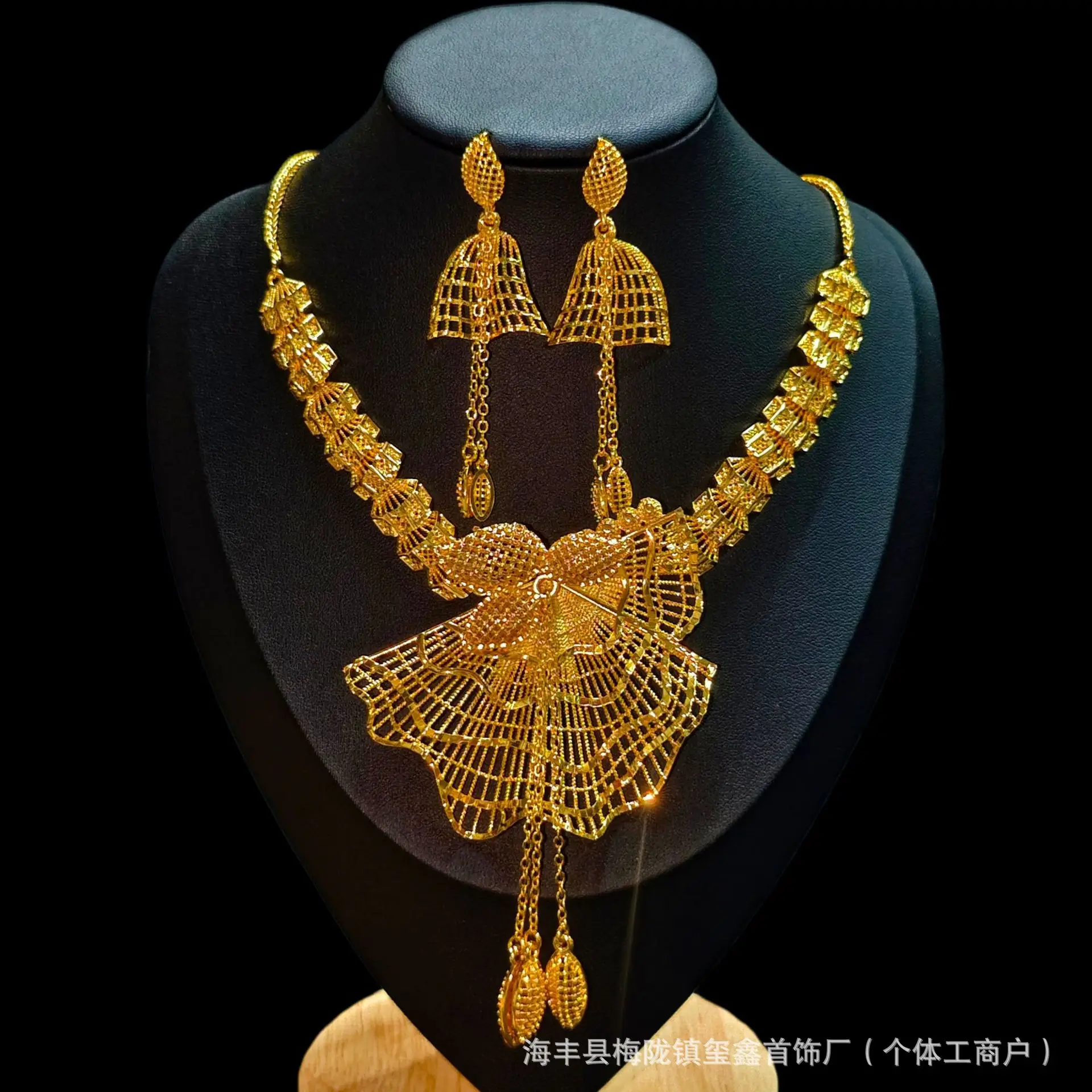 Luxury 24K 9999 Pure Gold real gold Dubai Middle East Flower Necklace Set Women Stud Earrings