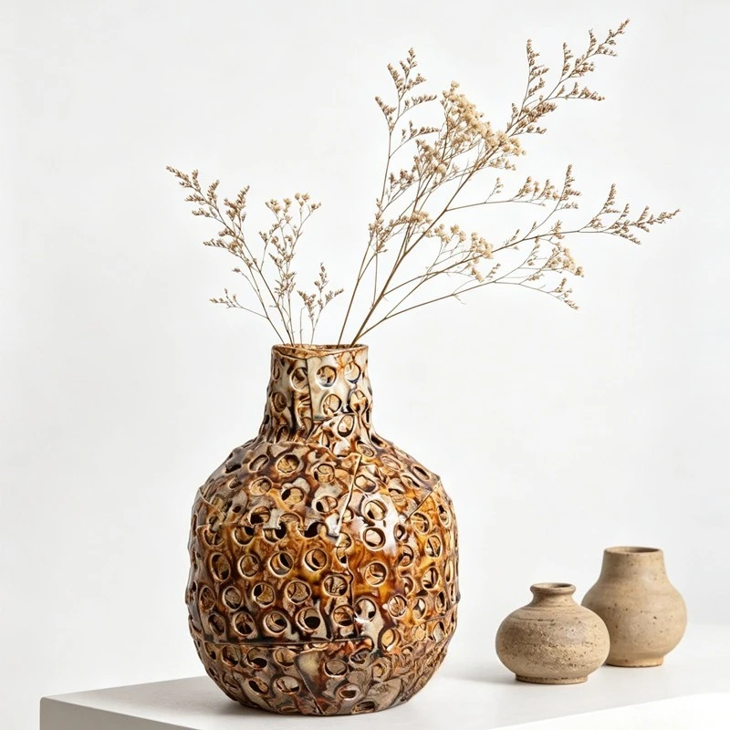 French antique handmade ceramic vase, Jingdezhen high-end homestay model room wabi sabi flower arrangement decoration