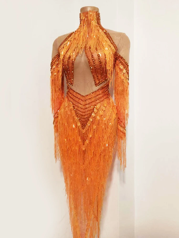 

Luxury Orange Spandex Fringe dress High Neck Rhinestone Long Sleeve Performance Dress Dancer party club Singer Stage Costume