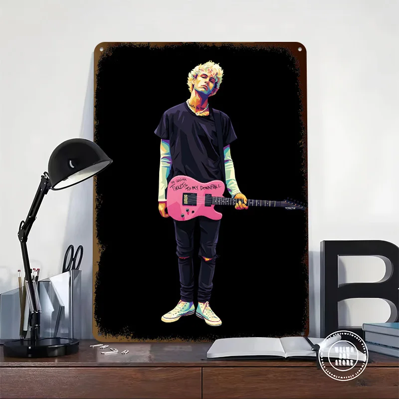 Machine Gun Kelly With Pink Guitar Printed Poster Customized Retro Wall Art Vintage Metal Tin Signs for Home Garage Decorations