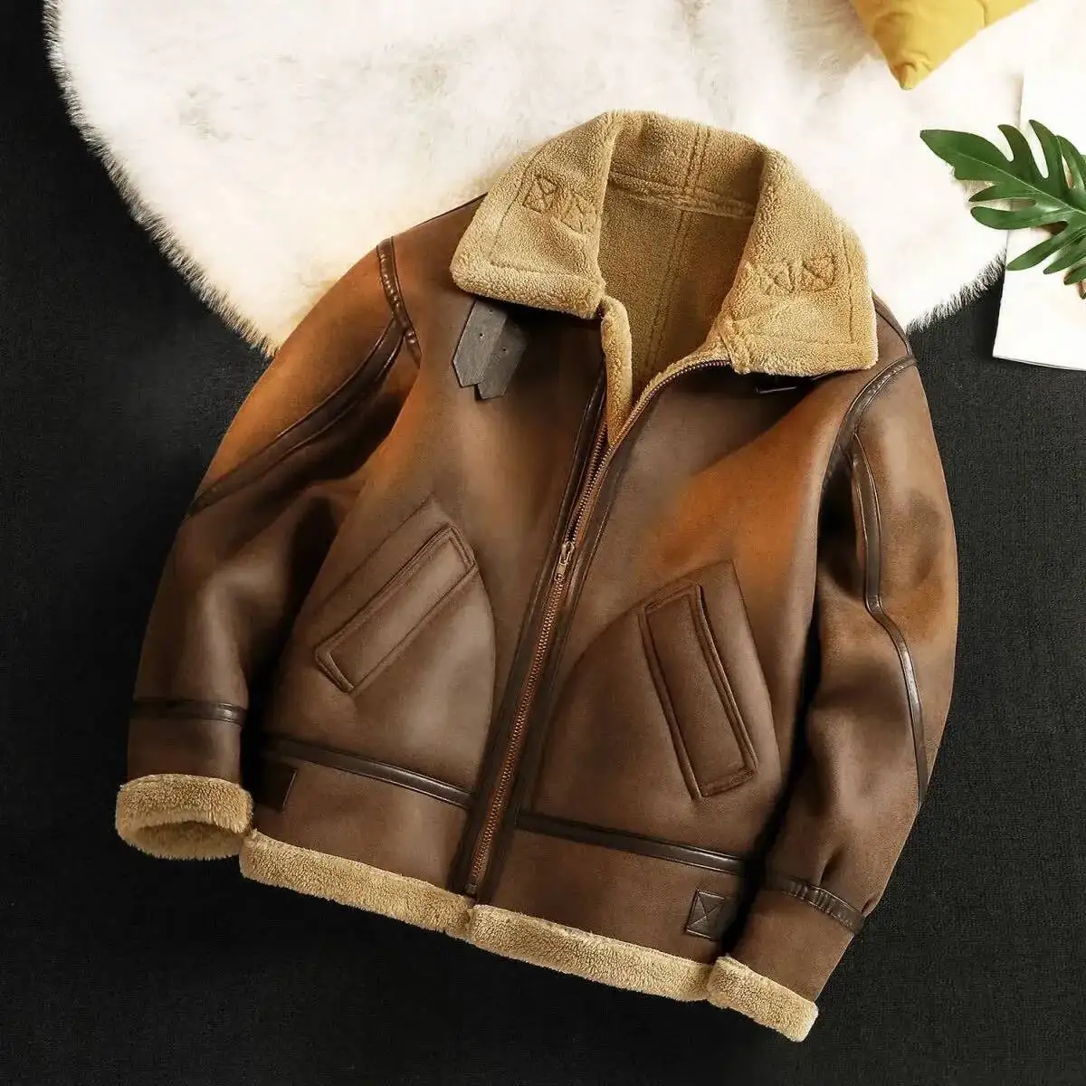

Men's Autumn Winter Thickening Fleece Leather Plus Velvet Warm Fashion Black Khaki Male Casual Work PU Jacket Cotton Coat