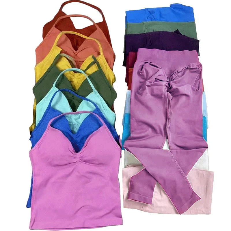 2 قطع الرياضة مجموعة المرأة عارية الذراعين تانك القمم عالية الخصر Scrunch سلس السراويل الرياضة البدلة الصالة الرياضية مجموعة ملابس رياضية تجريب مجموعة #1