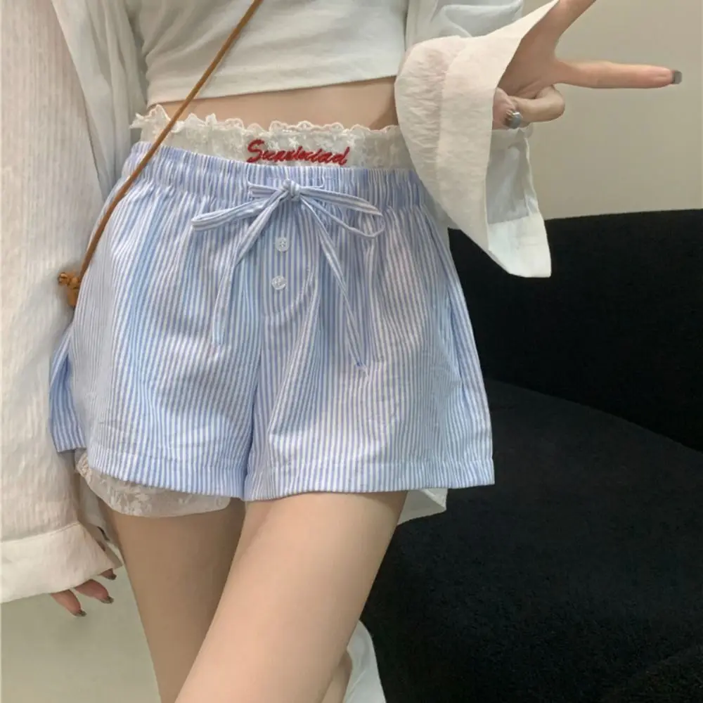 Chic Loose Lace Plaid Shorts Mesh Flower Sweet High Waist Shorts Stripe Lolita Wide Leg Short Pants Summer