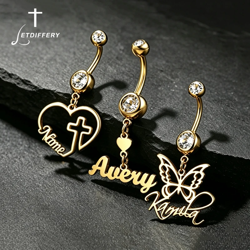 Letdiffery Personalized Crystal Name Belly Button Rings for Women Stainless Steel Custom Sexy Body Piercing Umbilical Nail Rings