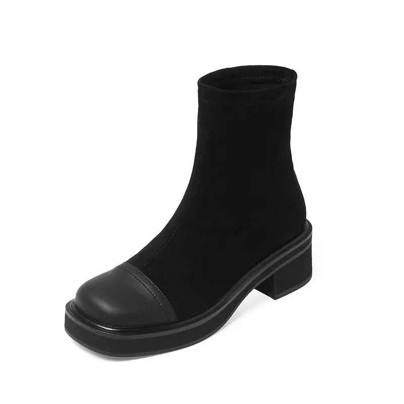 Krazing Pot Cow Leather Round Toe Thick High Heels Winter Warm Elastic Boots Mixed Color Fashion Gradient Color Ins Ankle Boots image 4