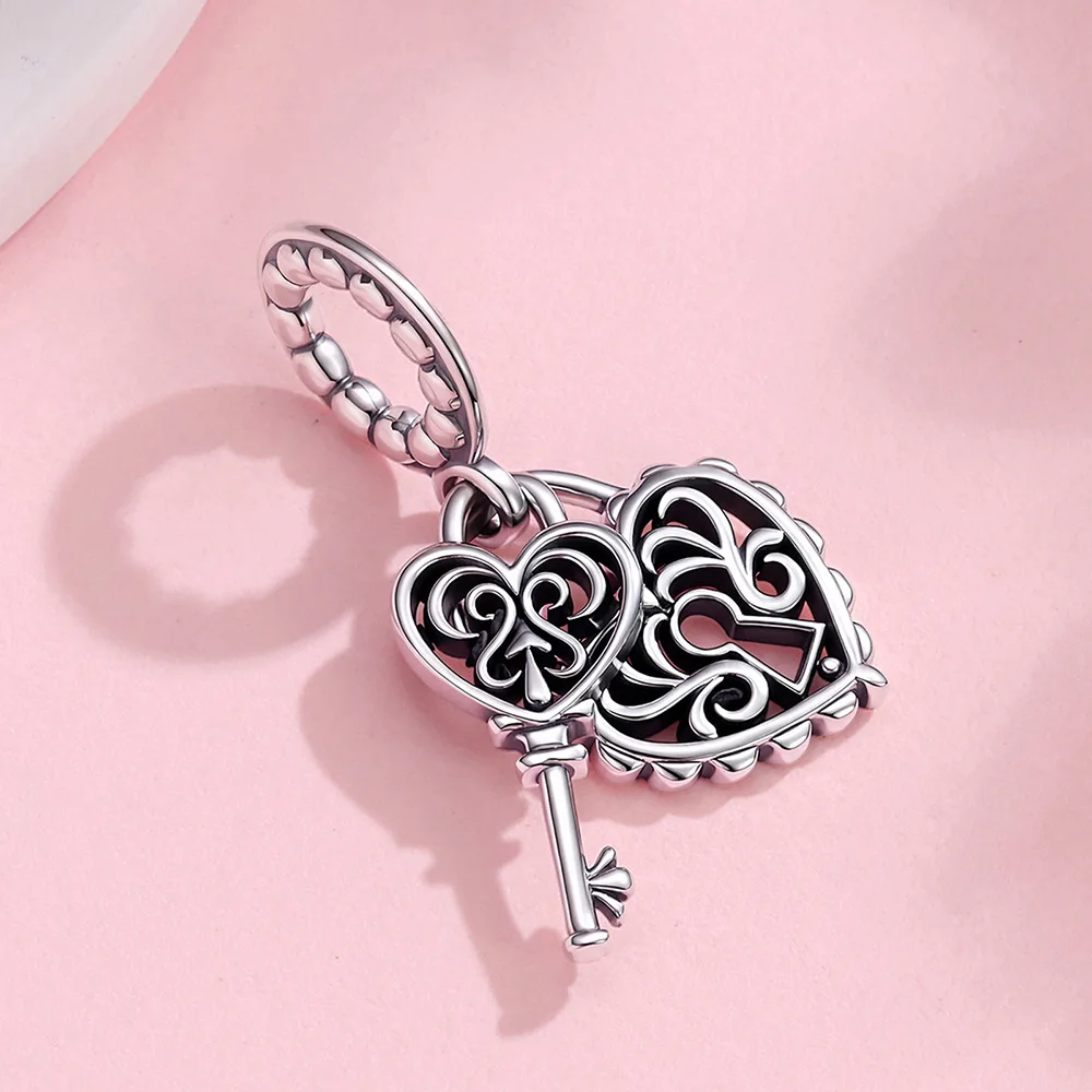 925 Sterling Silver Patterned Hollow Key Lock Charm Fit Original Bracelet Hypoallergenic Charm For Women DIY Jewelry Making Gift