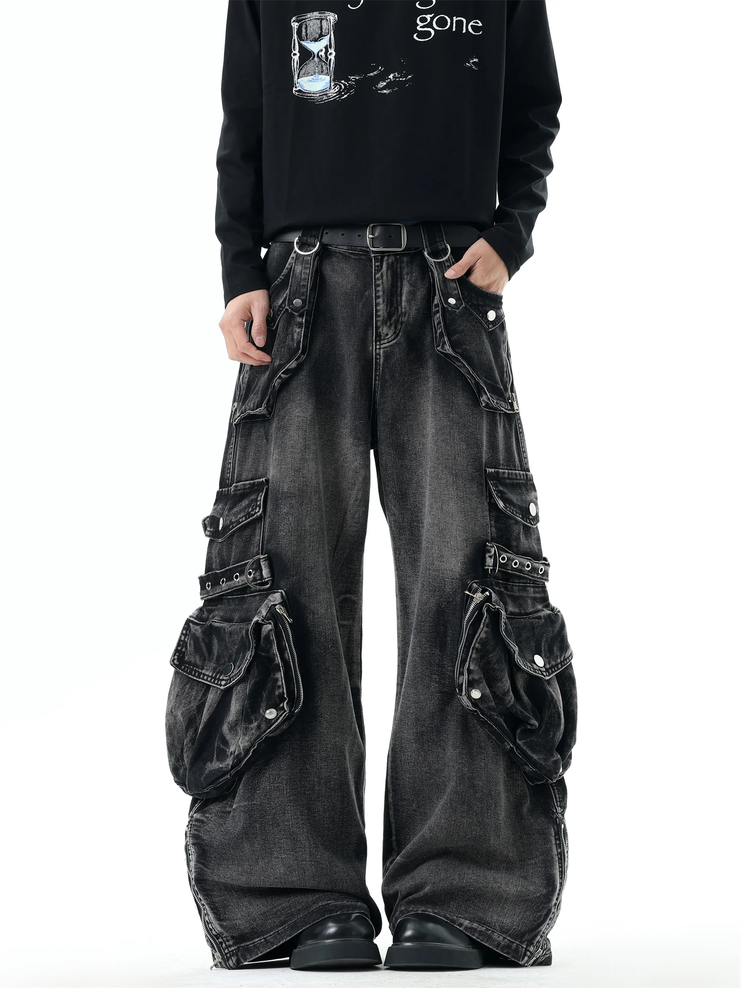 

American Retro Men's Workwear Jeans Multi-ket Heavy-Du Street Sle Loose Wide Leg Floor-Length Casual Straight Cut