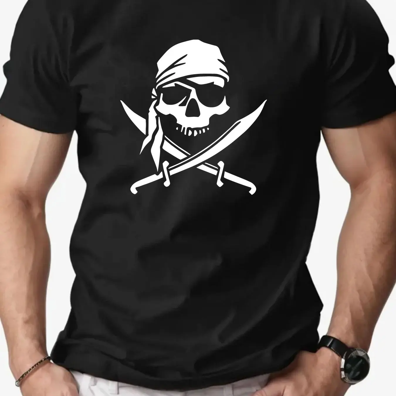 

Мужская футболка с рисунком пиратского черепа и скрещенными костями - красная, белая, морской дизайн, летняя повседневная футболка с круглым вырезом и коротким рукавом