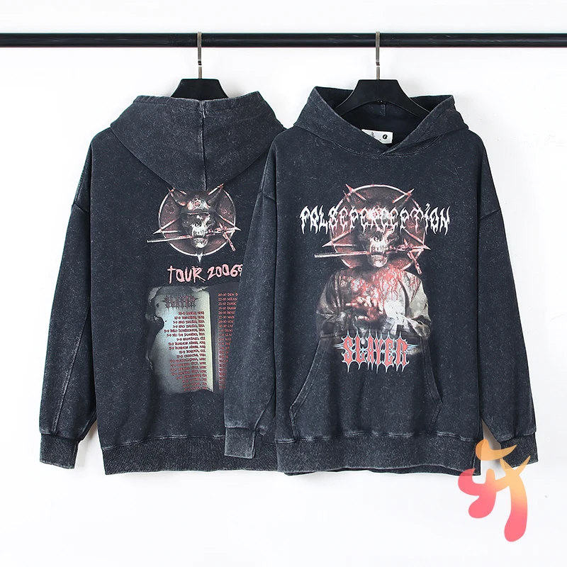 

Black Washed Distressed Kanye Hoodies American Street Skull Vintage Print Hooded Pullover Casual Loose Sweatshirts Men Women