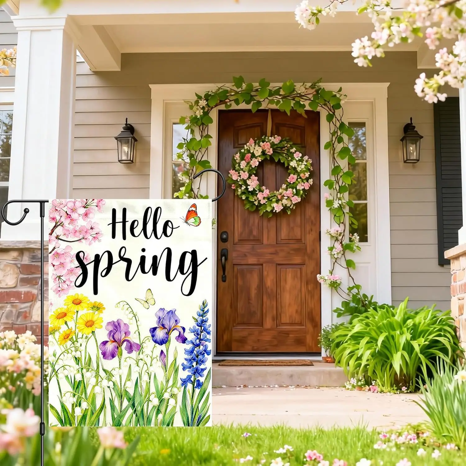Anytin Hello Spring Garden Flag Watercolor Flowers Butterfly Springs Garden Flags 12x18 Double Sided Design,Romantic Spring  uui