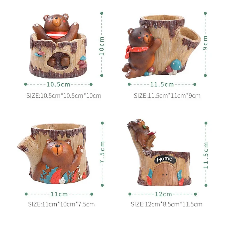 Unique Bear & Tree House Theme Resin Planters, Decorative Flower Pots with drainage hole, Ideal for Mini Cacti & Succulents