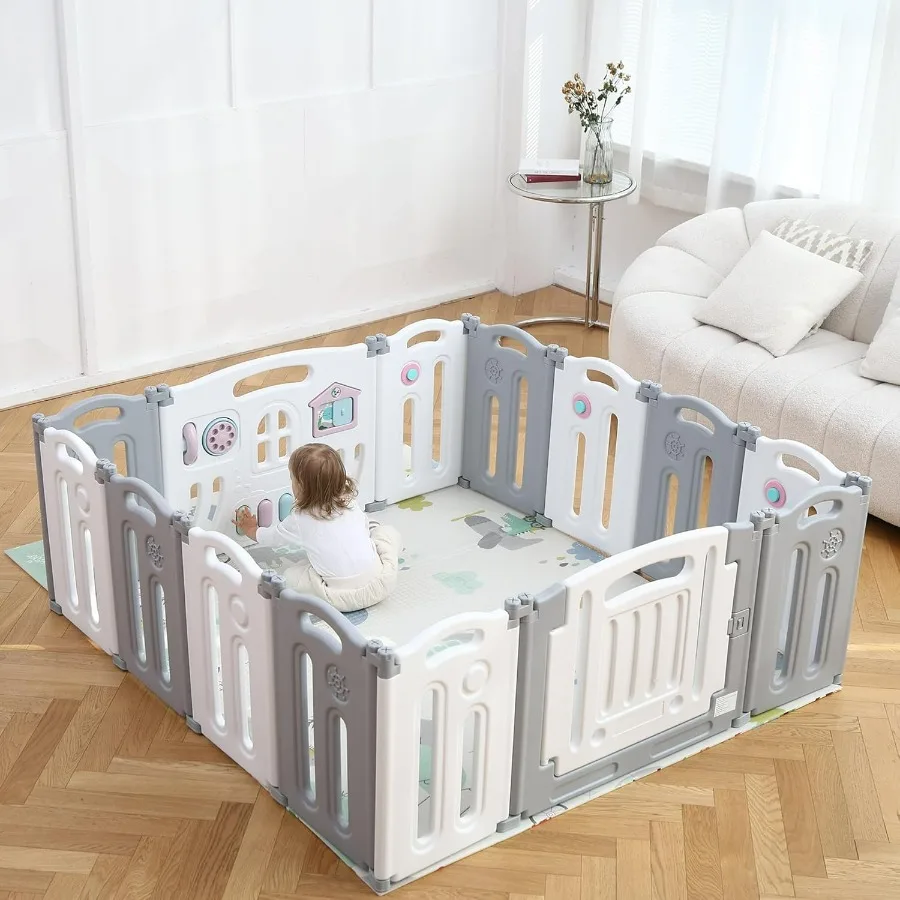 Baby Playpen Activity Centre Safety Play Yard Home Indoor Outdoor New Pen 14panels White Grey