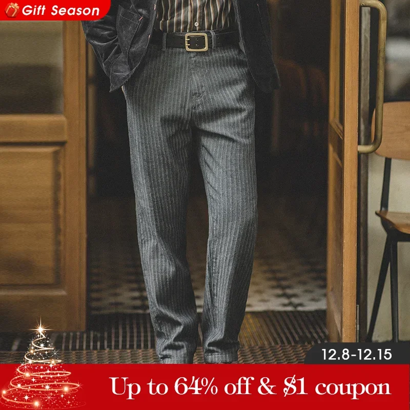 Maden Retro 12,8oz Pantalones Jeans Gris Rayados Ajuste Recto con Cierre de Zip y Bolsillos Pantalones de Gabardina Versátiles para Hombre Otoño