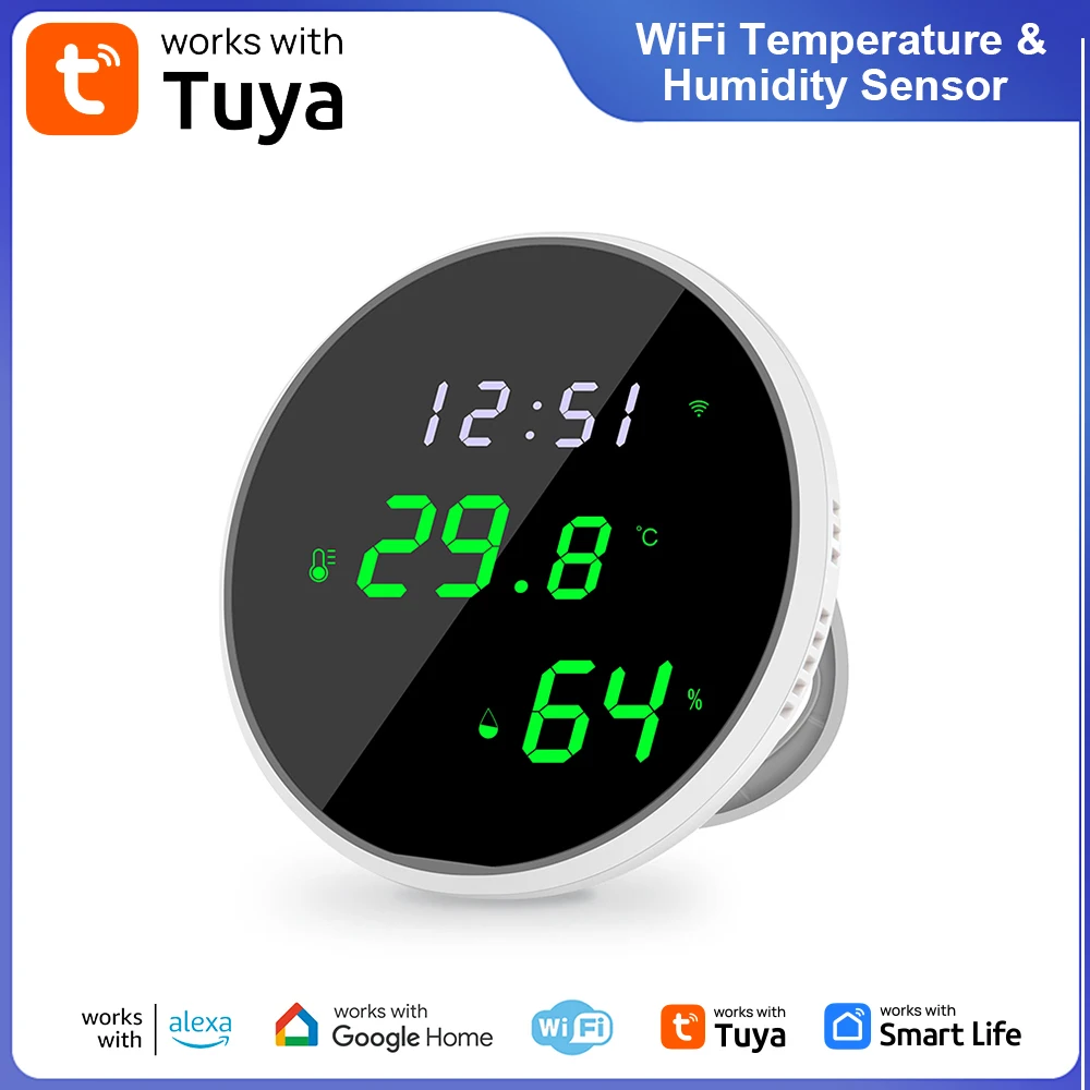 

Датчик температуры и влажности Tuya Wi-Fi умный комнатный гигрометр термометр со светодиодной подсветкой дисплея поддержка Google Home Alexa