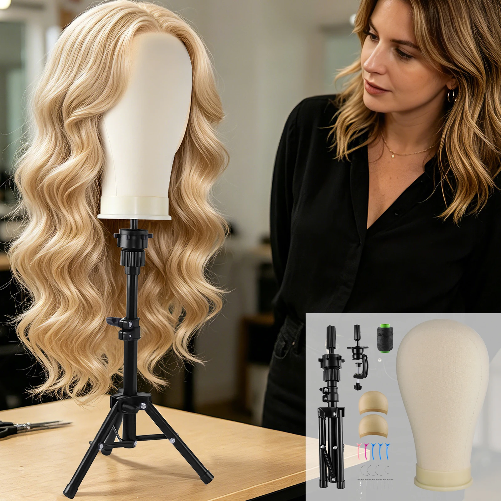 22-Zoll-Perückenkopf aus Leinwand, Schaufensterpuppenkopf mit 20,9-Zoll-Stativ, Mannequin-Leinwandkopf-Set für Perückenherstellung, Präsentation und Styling mit Stativ-Tischklemme, Perückenkappen-Set,