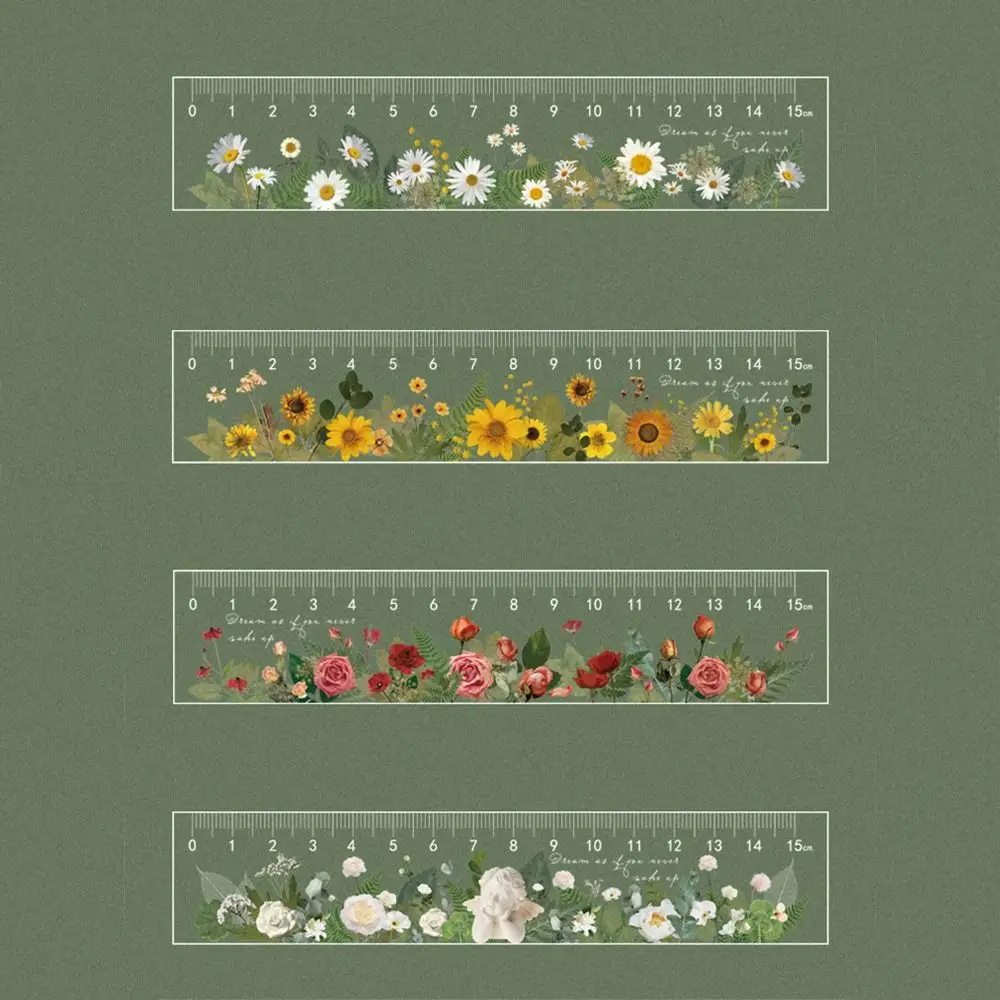 Flower Series Multifunction 15cm Straight Ruler Double-duty Transparent Math Drawing Ruler Rose Daisy Flower Bookmark Stationery