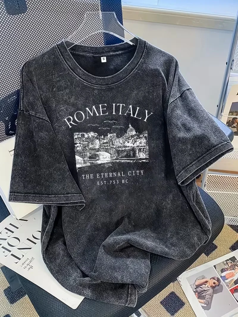 Vintage Washed Rome Italy The Eternal City Print T-shirt, Casual Loose Round Neck Short Sleeve Cotton Tee, Retro Graphic Top