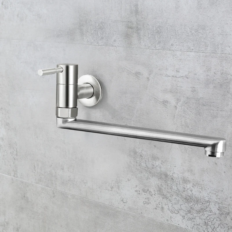 Grifo de cocina con rotación de 180 grados, fregadero, fregona, piscina, acero inoxidable, alargado, montado en la pared, grifos de agua fría
