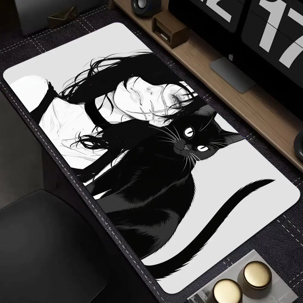 Podkładka pod mysz XXL dla graczy, duża, czarno-biała, anime, kot, mata na biurko PC, dywanik pod mysz do komputera, biura, długa podkładka pod mysz — zdjęcie produktu 3