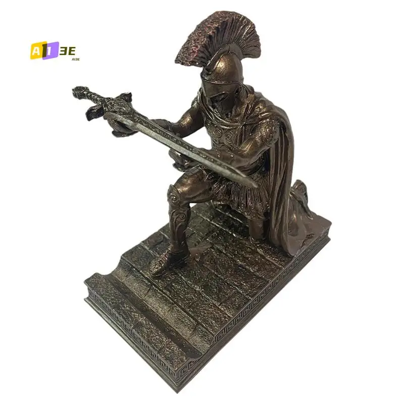 A13E-Knight Pen Holder With Helmet Statue Pen Holder Armor Roman Knight With Magnetic Pen Holder Phone Stand Easy Install Bronze