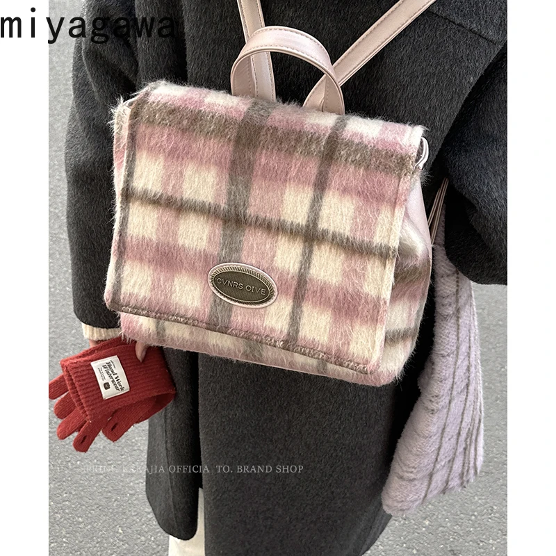 Miyagawa College Style Backpack Women's 2023 New Autumn Winter Woolen Plaid Handbag Korean Retro Versatile Commuting Backpacks