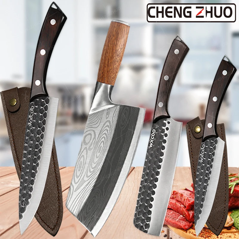 

CHENGZHUO Kitchen Forged Chef Knife Set High Carbon Steel Professional Butcher Slicing Gyuto Knife Meat Fish Fruit Cleaver Knife